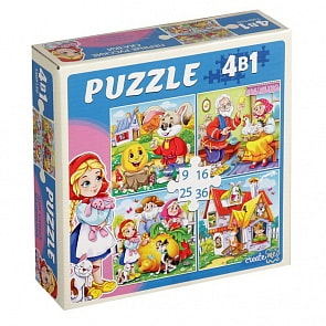 Пазлы 4 в 1. Первые русские сказки, 9, 16, 25, 36 элементов (Рыжий кот, П-6771)