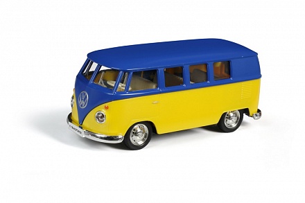 Металлическая инерционная машина - Автобус Volkswagen Type 2 T1 Transporter, 1:32, матовый синий с желтым 