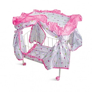 Кроватка металлическая для кукол с навесом и матрасом, на колесах, 50 х 30,5 х 60 см. (1toy, Т52273)