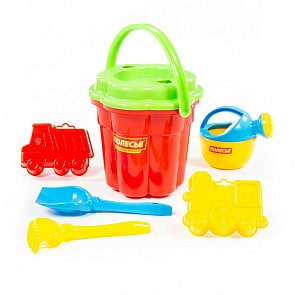 Набор №279: ведро-цветок большое, ситечко-цветок большое, лопатка №5, грабельки №5, формочки самосвал + паровоз, лейка малая №4 (Полесье, 4818)