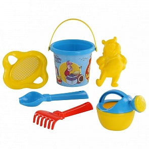 Набор Disney Винни и его друзья №4: ведро малое с наклейкой, ситечко-цветок, совок №2, грабельки №2, формочка Медвежонок Винни, лейка малая №3 (Полесье, 66466)