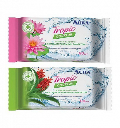 Салфетки влажные антибактериальные - Aura Tropic Cocktail, 60 штук 