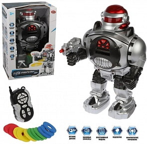 Робот на р/у, стреляет, в комплекте метательные диски 12 штук, свет и звук (Наша игрушка, 9895)