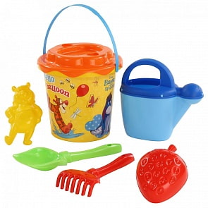 Набор Disney Винни и его друзья №12: ведро с наклейкой, ситечко Солнышко, лопатка №5, грабельки №5, формочки 2 шт, лейка №10 (Полесье, 65636)
