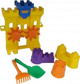 Набор №466: песочная мельница Крепость, лопатка №5, грабельки №5, формочки замок мост + замок башня + замок стена с двумя башнями (Полесье, 45102)