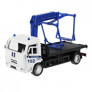 Машина Полиция КамАЗ Эвакуатор 14 см двери открываются подвижные детали металлическая инерционная (Технопарк, KAMTOW-15POL-WH)