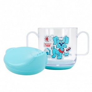 Тренировочная кружка с крышкой - Веселые животные, 150 мл, цвет голубой (Lubby, 13950/192/12_голубой)
