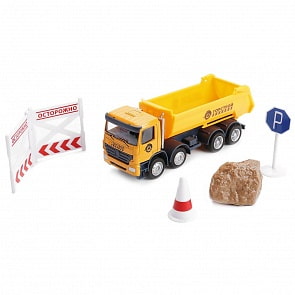 Набор - Стройтехника: металлический самосвал 13 см, знаки (Технопарк, U1408A-2)