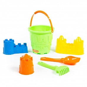 Набор №524: ведро-замок большое, лопатка №5, грабельки №5, формочки замок мост + замок башня + замок стена с двумя башнями (Полесье, 51776)