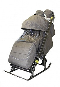 Санки-коляска Snow Galaxy Kids-3-3-С - Джинс, серый на больших колесах, сумка, варежки  (RT, 7348rt)