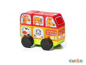 Автобус-конструктор деревянный - Веселые звери LM-10, 7 деталей (Cubika, 13197)