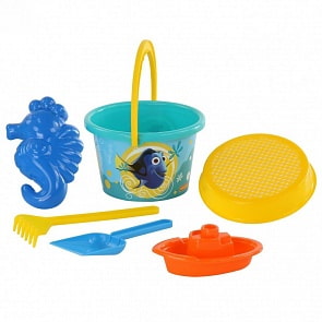 Набор Disney/Pixar В поисках Немо №7: ведро среднее с наклейкой, ситечко, лопатка, грабельки, формочка морской конёк, кораблик Юнга (Полесье, 66930) (ассортимент)