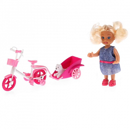 Кукла - Машенька 12 см, в наборе велосипед с прицепом, питомец 