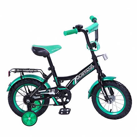 Велосипед детский – Mustang, черно-зеленый со страховочными колесами 