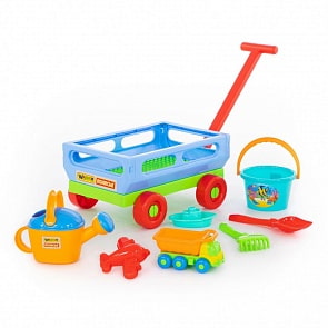 Набор №489: Тележка с ручкой №2 + Яша, автомобиль-самосвал + Ведро среднее, лопатка №5, грабельки №5, формочка, кораблик Юнга, лейка №8 (Полесье, 45775)
