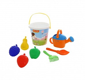 Набор №602: ведро большое с наклейкой, лопатка №5, грабельки №5, 4 формочки-фрукты, лейка №8 (Полесье, 62581)
