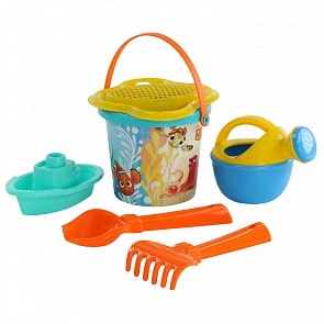 Набор Disney/Pixar - В поисках Немо №4: ведро малое с наклейкой, ситечко-цветок, совок №2, грабельки №2, кораблик Юнга, лейка малая №3 (Полесье, 66503)