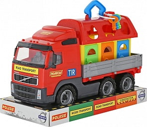 Автомобиль бортовой Volvo + домик для зверей, в лотке (Полесье, 58263)