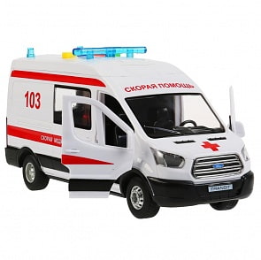 Фургон Ford Transit - Скорая помощь, инерционный, белый, 22,5 см, свет и звук (Технопарк, TRANSITVAN-22PLAMB-WH)