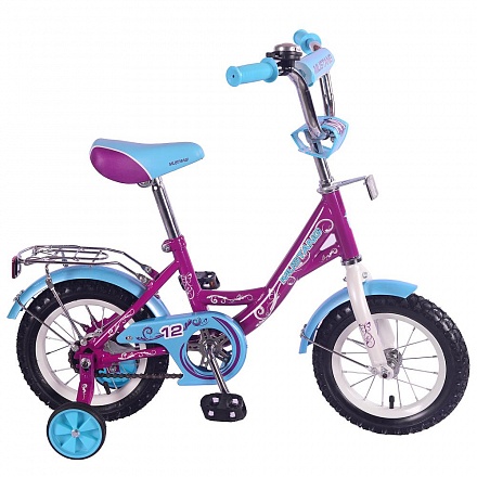 Детский велосипед – Mustang, колеса 12 дюйм, Y-тип, багажник, страховочные колеса, звонок, фиолетово-голубой 