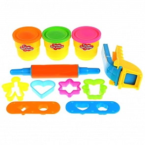 Набор теста для лепки, 3 цвета теста, скалка, пресс, насадки, формочки (MultiArt, B366308-PD)
