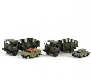 Грузовик Газ 66 металлический инерционный с машиной или танком, открываются двери, свет и звук (Технопарк, CT-1299WB (G1+J1)sim)