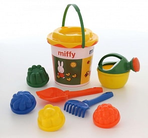 Миффи-3 набор №3: ведро с наклейкой, ситечко Солнышко, лопатка №5, грабельки №5, лейка малая №4, 4 формочки (Полесье, 64738)