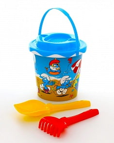 Смурфики-2 набор №1: ведро с наклейкой, ситечко Солнышко, лопатка №5, грабельки №5 (Полесье, 65155)