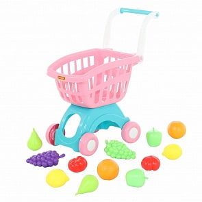 Тележка для маркета - Мини с набором продуктов №15, 12 элементов в сеточке (Полесье, 71392) (ассортимент)