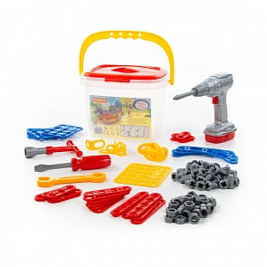 Конструктор Изобретатель - Качели №2 122 элемента + шуруповёрт, в ведёрке (Полесье, 58102)