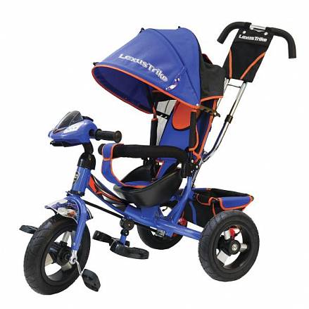 Велосипед 3-х колесный - Ltsport, надувные колеса диаметром 30 и 25 см, светомузыкальная панель, регулируемая спинка, цвет - синий с оранжевым 