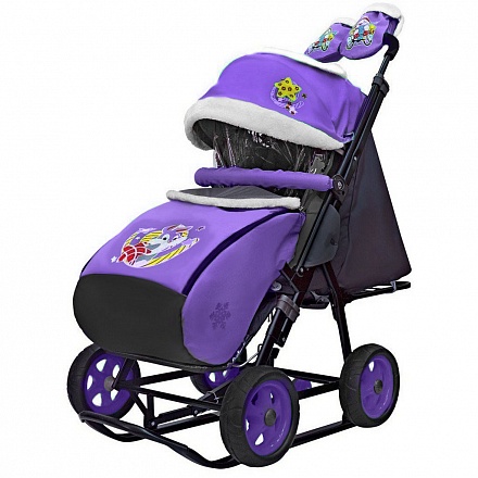 Санки-коляска Snow Galaxy - City-1 - Серый Зайка, цвет фиолетовый, на больших колесах Ева, сумка, варежки 