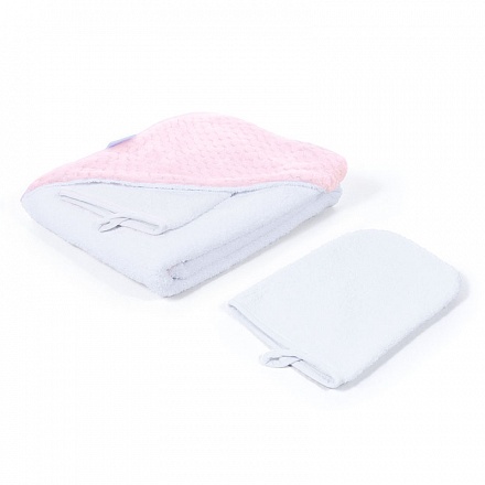 Полотенце с уголком и варежкой Nuovita Grazia 100x100 махра/плюш-соты, бело-розовый 