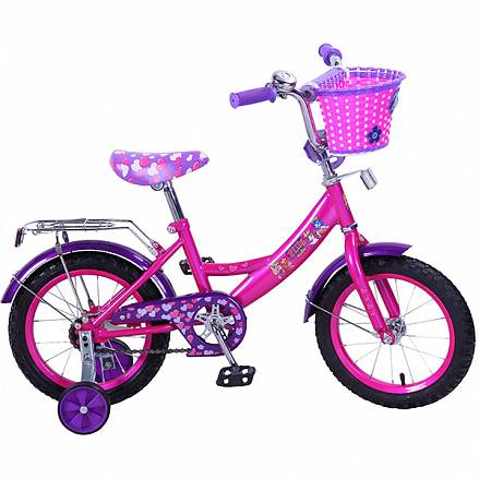 Велосипед детский Filly с колесами 14", рама А-тип, багажник, страховочные колеса, плетеная корзина, звонок, розово/фиолетовый 