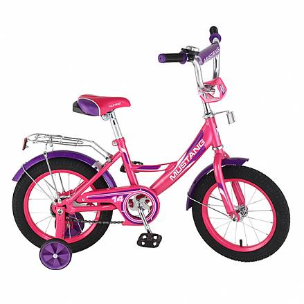 Велосипед детский Mustang с колесами 14", рама А-тип, багажник, страховочные колеса, звонок, розово/фиолетовый 