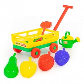 Набор №483: тележка с ручкой №2, лопата средняя, формочки Фрукты большие 4 штуки, лейка №8 (Полесье, 45713)
