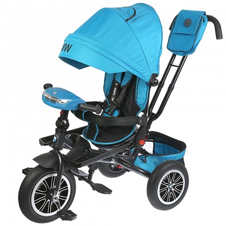Велосипед 3 колесный – BMW, голубой цвет, надувные колеса 12 и 10 дюйм, светомузыкальная панель, поворотное сиденье 