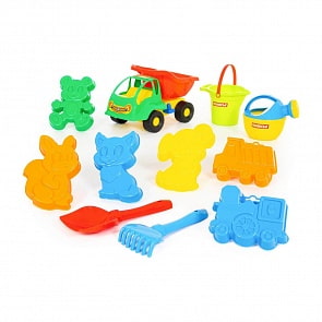 Набор №352 в рюкзаке: Муравей автомобиль-самосвал + ведро малое с носиком, лопатка №5, грабельки №5, формочки 6 шт, лейка малая №4 (Полесье, 4740) (ассортимент)
