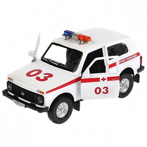 Машина металлическая Lada 4x4 Скорая, длина 12 см., свет и звук, открываются двери, инерционная (Технопарк, LADA4X4-AMB-SL)