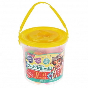 Набор теста для лепки Enchantimals 12 цветов 90 гр, 2 формочки, глаза, в ведре (MultiArt, 9012-EN)
