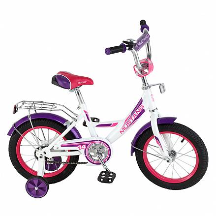 Велосипед детский Mustang с колесами 14", рама А-тип, багажник, страховочные колеса, звонок, бело/фиолетовый 