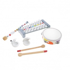 Набор белых музыкальных инструментов - металлофон, флейта, бубен, кастаньеты (Janod, bj07600)