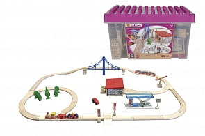Набор деревянной железной дороги с мостом, депо и аксессуарами, 58 деталей в пластиковом ящике (Eichhorn, 100001228)