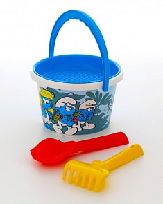 Набор №1 Смурфики: Затерянная деревня-6: ведро среднее с наклейкой, ситечко, совок №2, грабельки №2 (Полесье, 65070) (ассортимент)