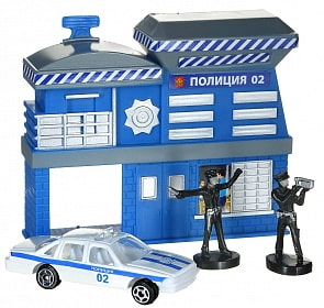 Набор - Полицейская часть с металлической машиной 7,5 см и 2-мя фигурками (Технопарк, 30413)