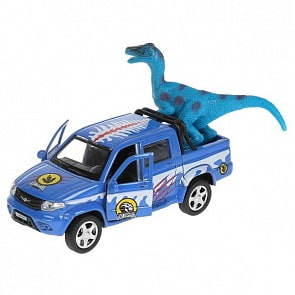 Машина УАЗ Pickup снежный 12 см с динозавром двери и багажник открываются инерционная металлическая (Технопарк, PICKUP-12SNOW-DINO)