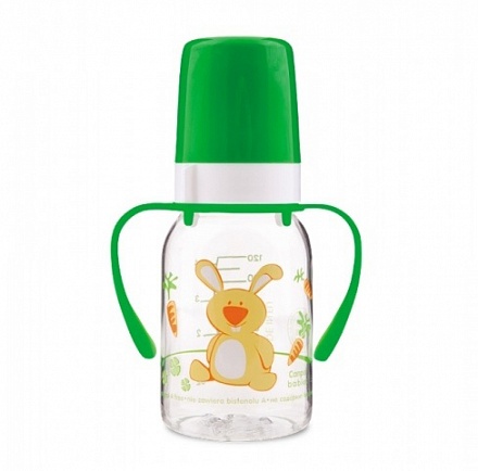 Бутылочка тритановая Cheerful animals с ручками с силиконовой соской, 120 мл, 3+, зайка 