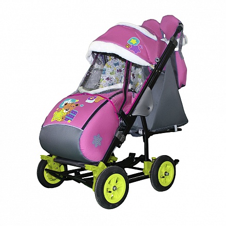 Санки-коляска Snow Galaxy City-3-2 - Мишка со звездой на розовом на больших надувных колесах, сумка, варежки 