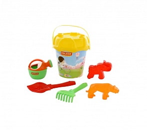 Набор №597: ведро большое с наклейкой, ситечко большое №3, лопата №6, грабли №6, формочки тигр + мамонт, лейка малая №4 (Полесье, 62536)