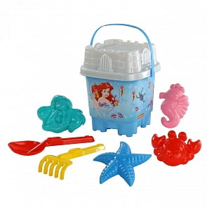 Набор Disney Русалочка №9: ведро-замок большое с наклейкой, ситечко-замок большое, лопатка №32, грабельки №32, формочки 4 шт (Полесье, 65971)